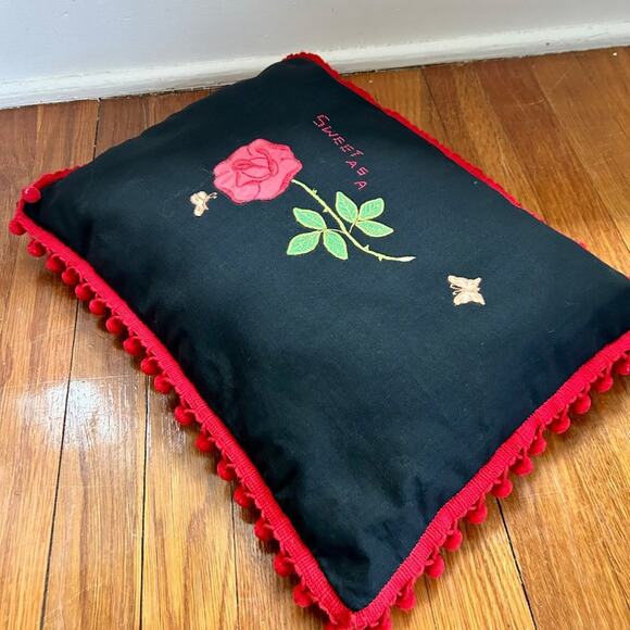 Vintage Handmade "Sweet as a Rose" Black Pillow with Red Pom Pom Trim Border - Picture 8 of 12